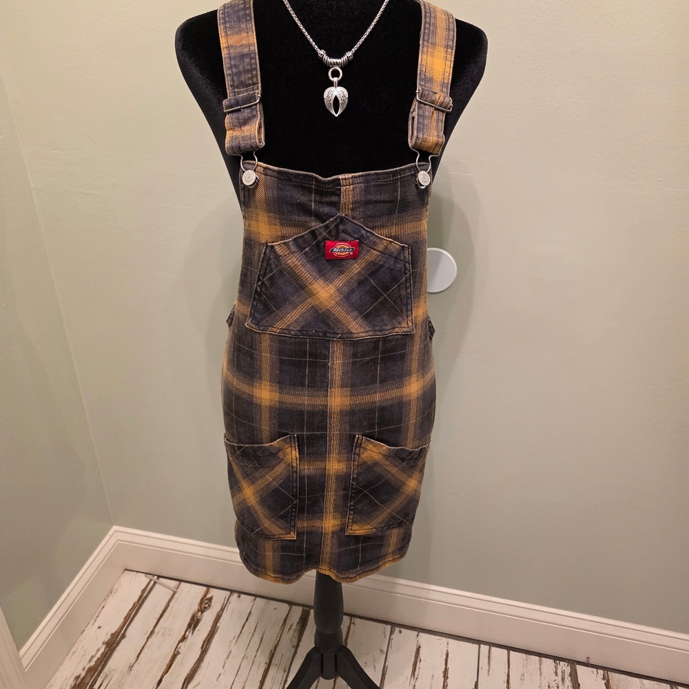 Dickies Womens Plaid Overall Dress Mini Pinafore Bib Blk/Yellow Size S